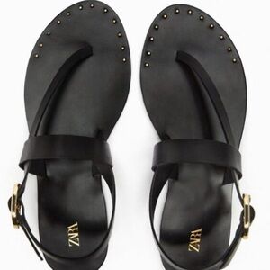 ZARA FLAT LEATHER SLIDER SANDALS WITH MICRO-STUDS BLACK Size 7/38